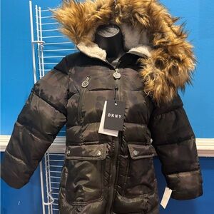 DKNY Black Puffer Jacket with Faux Fur